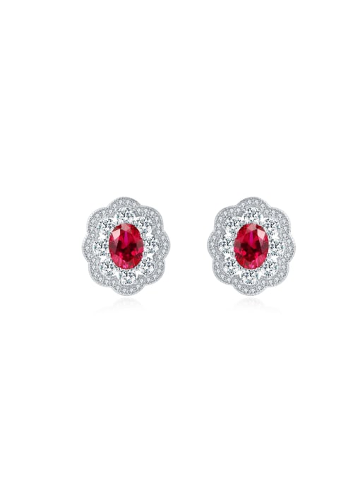 Red [e 0250] 925 Sterling Silver High Carbon Diamond Red Flower Luxury Stud Earring